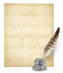Isolated paper. Page of blank old paper and inkstand with quill isolated on white background