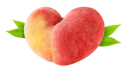 Isolated peach. Heart shaped peach fruit with leaves isolated on white background