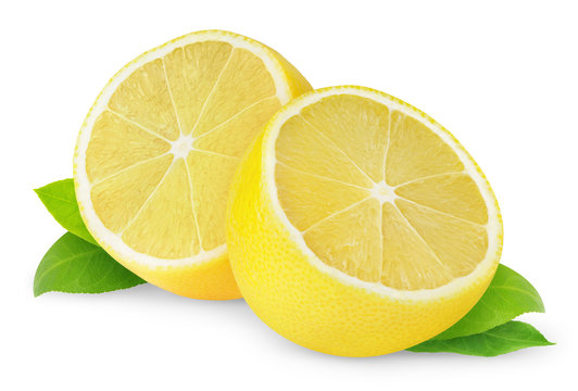 Isolated lemons. Fresh lemon fruit cut in halves isolated on white background