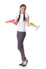 Young woman with spray bottle and brush