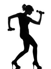 Fototapeta na wymiar silhouette woman workout body building with dumbells