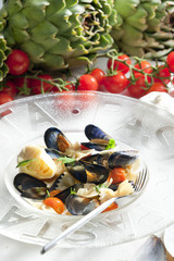 pasta with mussels, artichokes and cherry tomatoes
