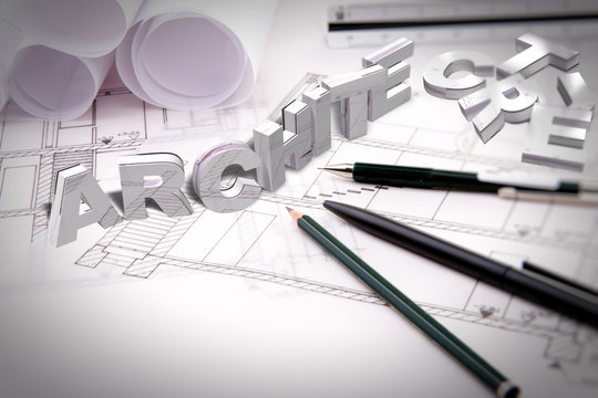 Blueprint and pencil / 3D font