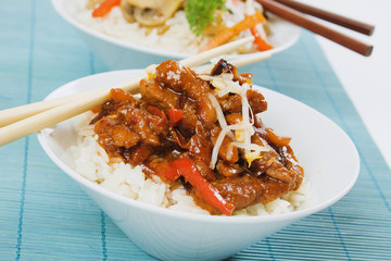Pork with peanuts and cooked rice