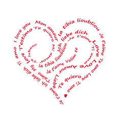 Coeur de mots d'amour dans plusieurs langues, texte en forme de cœur rouge isolé sur fond blanc,...