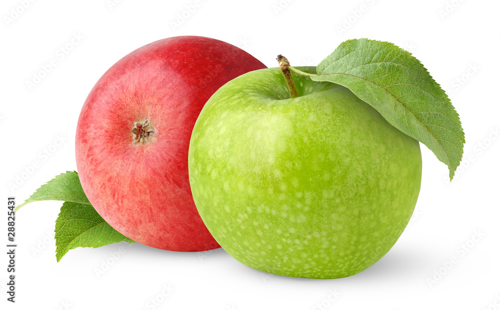 Poster isolated apples. one green and one red apple with leaves isolated on white background