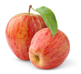Isolated apples. Two red apples with leaf  isolated on white background