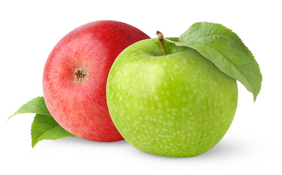 Isolated apples. One green and one red apple with leaves isolated on white background
