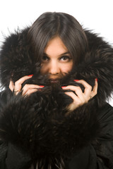 Beautiful asian girl black coat with fur