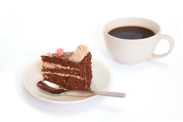 Cup of coffee and dessert. Isolated on white