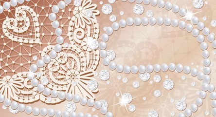 Lace background with pearls and diamonds