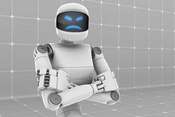 White futuristic robot holding something. Unhappy face