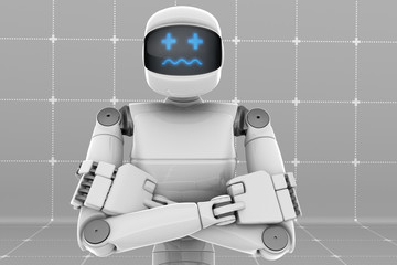 White futuristic robot, crossed arms, worried face