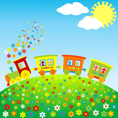 Plakaty  Kolorowy pociąg z zabawkami ze szczęśliwymi dziećmi
