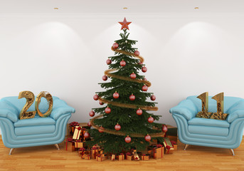 Christmas tree in the interior with blue leathern chairs, and 20