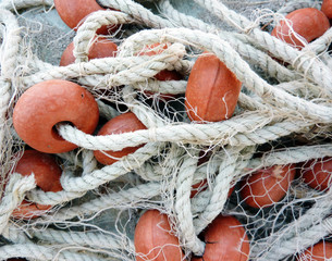 Fishing nets and floats closeup
