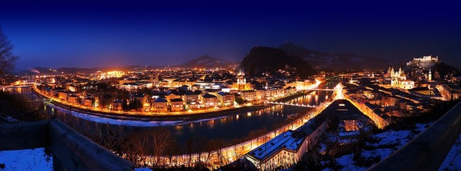 Salzburg Panorama Altstadt Nacht - obrazy, fototapety, plakaty