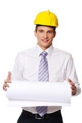 Young handsome builder isolated on white