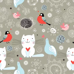 Poster Im Rahmen Nahtloses Muster der Katzen und Vögel © tanor27