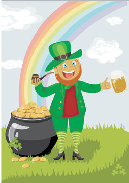 Leprechaun with a pipe and beer