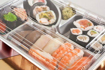 Takeaway sushi tray closed