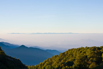 Fog on the mountain with green hills