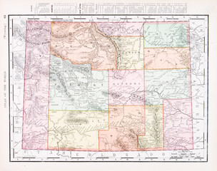 Antique Vintage Color Map of Wyoming, WY, USA