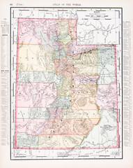 Antique Vintage Color Map of Utah, UT, United States, USA