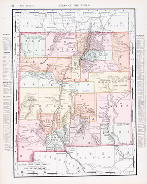 Antique Vintage Color Map of New Mexico, NM, United States, USA