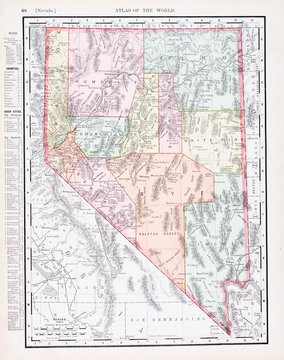 Antique Vintage Color Map of Nevada, NV, United States, USA