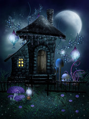 Nocna sceneria z chatką elfów © Obsidian Fantasy