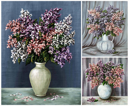 Flowers, lilac in a vases. Picture oil paints on a canvas, set