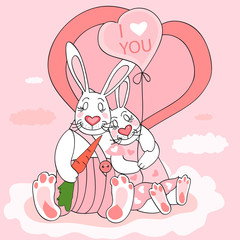 Cute Valentine postcard with couple of rabbits.