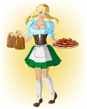 Beautiful German Girl Waitress Carries Beer Sausages