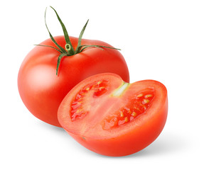 Isolated tomato. One and a half fresh tomatoes isolated on white background