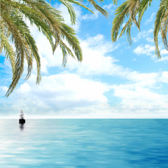 Romantic tropical view of a small boat sailing in a blue sea