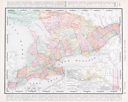 Antique Vintage Color Map of Ontario Province, ON, Canada