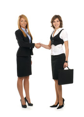 Two young and smart businesswomen are shaking their hands