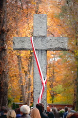 Stone cross with polish national colors
