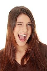 Woman with big smile blinking