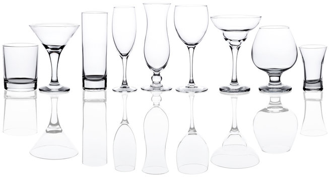 Collection of various glasses over white background