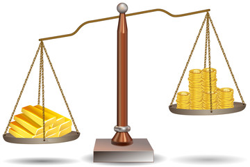 beam balance with dollar coins and gold bars