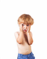 The sad and disappointed child on a white background