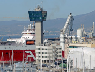 maritime control tower with tug