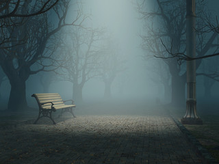 lonely bench in misty park - obrazy, fototapety, plakaty