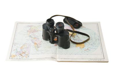 old commander's binoculars with a map