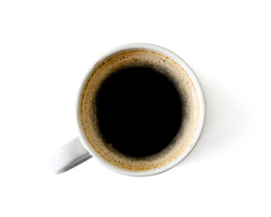 cup of coffee isolated on white background, photographed from above