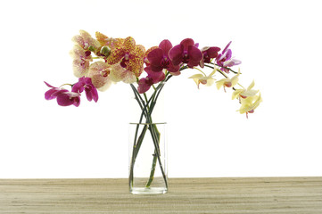 color orchids in bowl on bamboo mat
