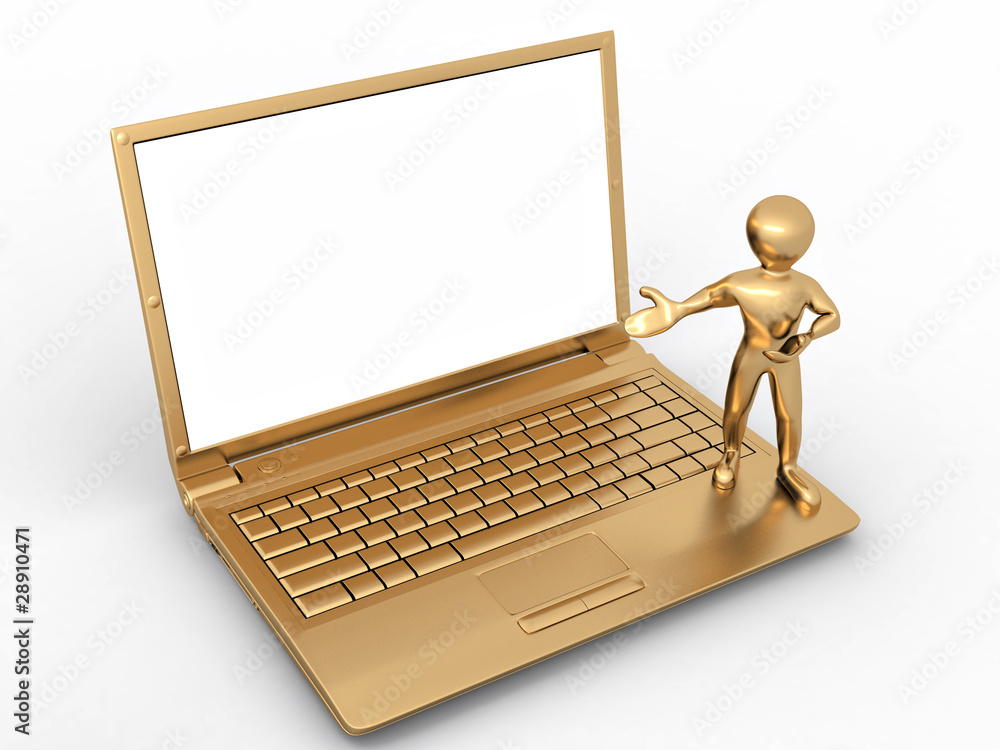 Poster man with laptop on white isolated background