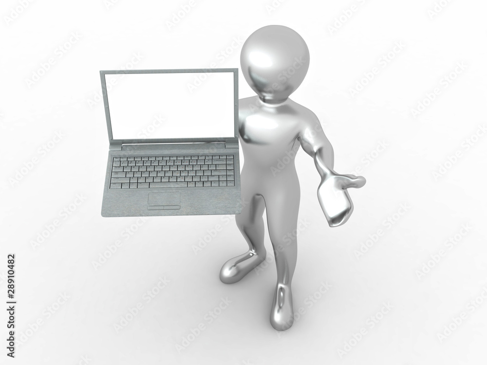 Poster man with laptop on white isolated background